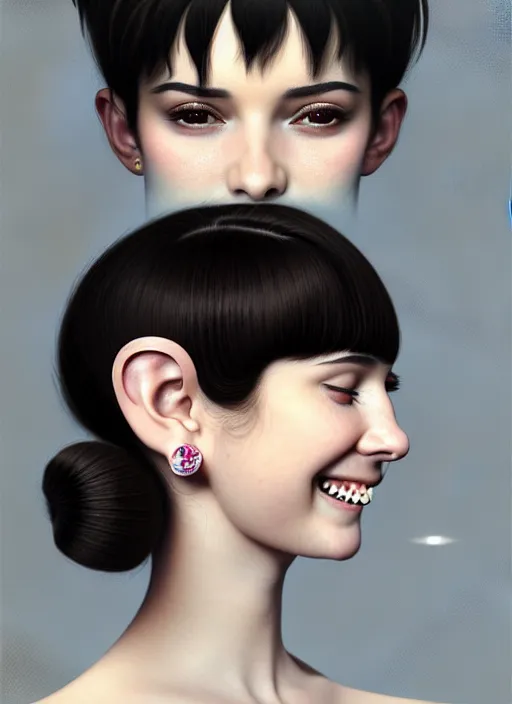 Image similar to portrait of white teenage girl, narrow face, short black hair, bangs, half updo hairstyle, buck toothed big smile, unattractive, defined jawline, long chin, wearing hair bow, earrings, intricate, elegant, glowing lights, highly detailed, digital painting, artstation, sharp focus, illustration, art by wlop, mars ravelo and greg rutkowski