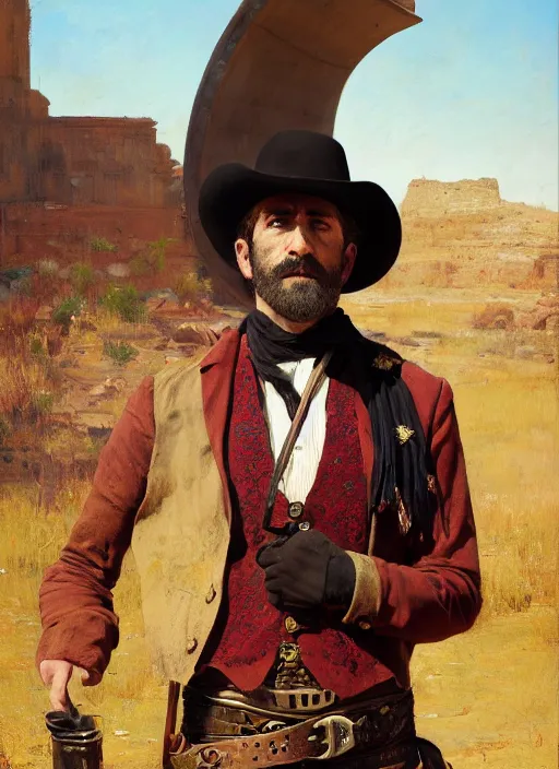 Image similar to Old west circus clown (rdr2, laurie Greasley). Iranian orientalist portrait by john william waterhouse and Edwin Longsden Long and Theodore Ralli and Nasreddine Dinet, oil on canvas. Cinematic, hyper realism, realistic proportions, dramatic lighting, high detail 4k
