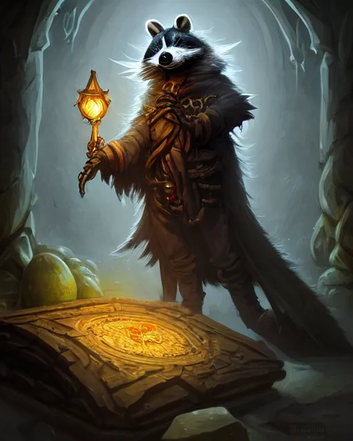 Image similar to anthropomorphic hooded necromancer raccoon casting a spell in a dungeon, deep focus, d & d, fantasy, intricate, elegant, highly detailed, digital painting, artstation, concept art, matte, sharp focus, illustration, hearthstone, art by artgerm and greg rutkowski and alphonse mucha