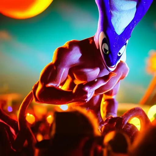 Image similar to earthworm jim at a edm festival, close up, night, 4 k