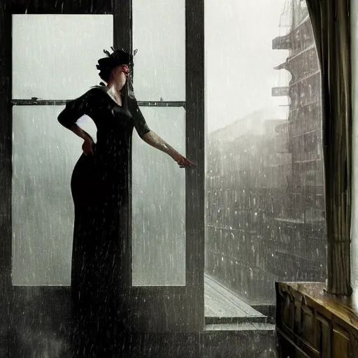 Image similar to a woman, moment, 1 9 3 0 s decopunk penthouse balcony, rain and smoke, tech noir, wet skin, atmospheric, ambient, rupert everton, alexis flower, hopper, wlop, livia prima,