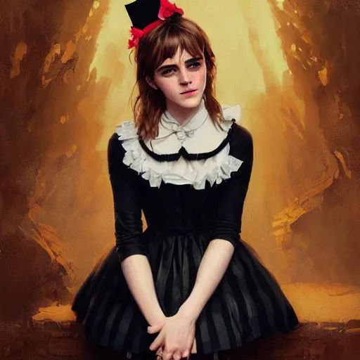 Image similar to highly detailed painting of emma watson wearing a black cat lolita maid dress, 8 k, by greg rutkowski, artgerm, loish, rhads, global illumination