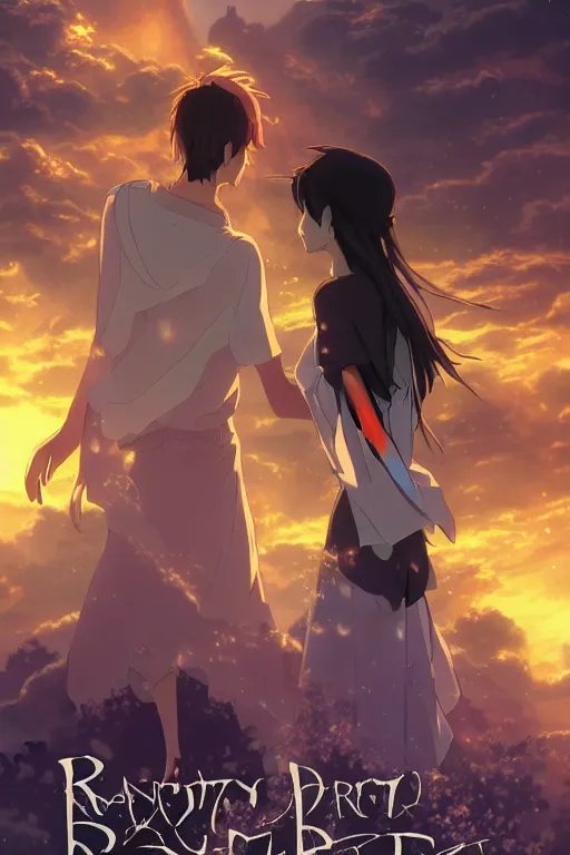 Image similar to fantasy romance movie poster by makoto shinkai, visually stunning, beautiful lighting