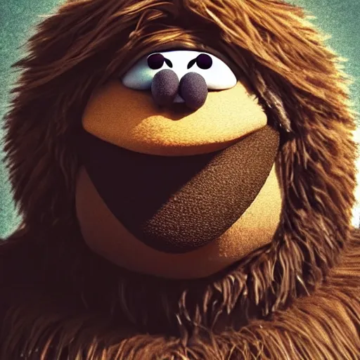 Image similar to a still of a forgotten muppet character looking very manly and modern, hilarious, laughing, hairy chest, huge chin, manly monster tough guy, roughled fur, photo real, photographic, photograph, artstation, trending, featured