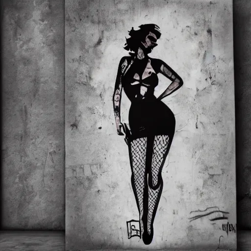 Image similar to rough rugged graffiti of a pinup girl on a black wall