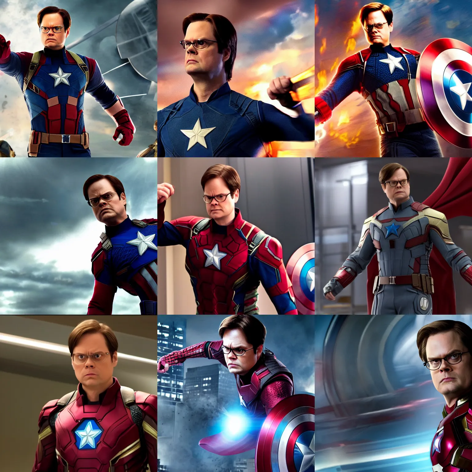 Prompt: screenshot of dwight schrute as captian marvel in the avengers. 4 k. action pose.