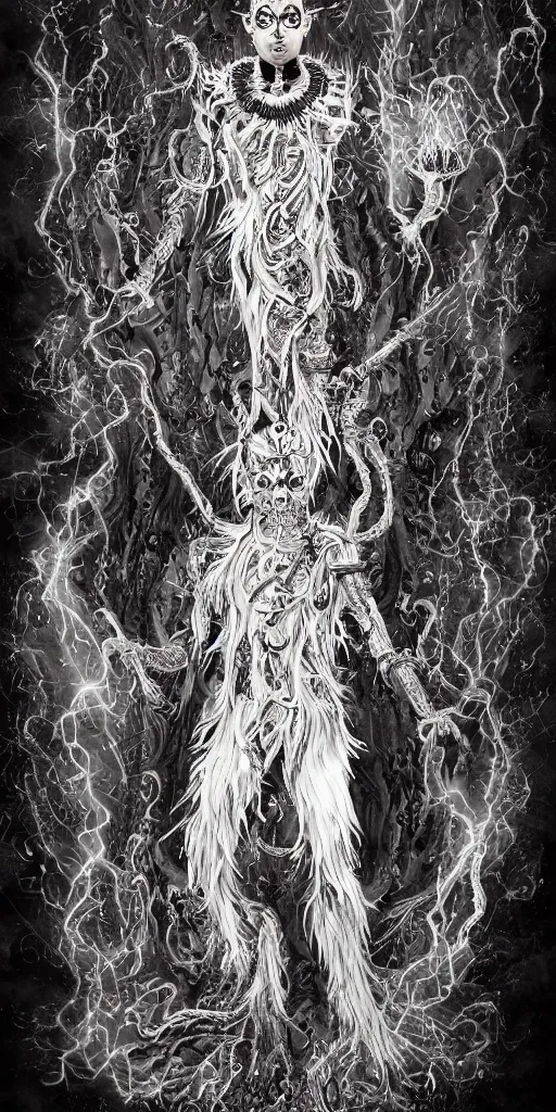 Image similar to full body and head , spiked black hair character design of realistic asian Sumerian Death Goddess ivory skin runic icons + mystical symbols, with small bleached bones covering vest and flowing electricity and smoke , fantasy, intricate, elegant, highly detailed, artstation, ,photoreal, ghostbusters , peter mordenbacher,Mike Winkelmann, ultra realistic, intricate, epic lighting, 8k resolution, unreal engine 5, ultraviolet colors