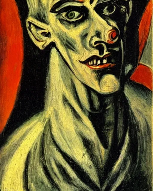 Prompt: Max Beckmann. El Greco. Van Gogh. Dali. Oil on canvas. Portrait of a demon.