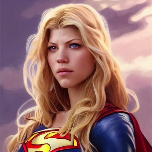 Image similar to beautiful Katheryn Winnick as Super Girl, western, closeup, D&D, fantasy, intricate, elegant, highly detailed, digital painting, artstation, concept art, matte, sharp focus, illustration, art by Artgerm and Greg Rutkowski and Alphonse Mucha