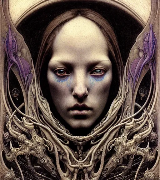 Image similar to detailed realistic beautiful young medieval alien robot grimez face portrait by jean delville, gustave dore and marco mazzoni, art nouveau, symbolist, visionary, gothic, pre - raphaelite. horizontal symmetry by zdzisław beksinski, iris van herpen, raymond swanland and alphonse mucha. highly detailed, hyper - real, beautiful, fractal baroque