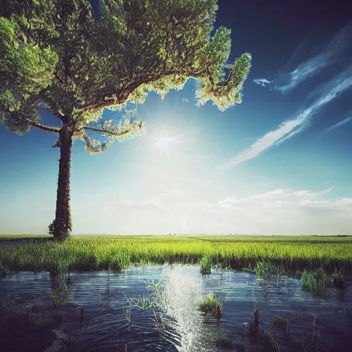 Prompt: flooded plains landscape. one tree. clear sunny day at noon. elevated grass islands up close. grass islands. flood waters. max rive, 1 6 megapixel, instagram, landscape, hdri, light blue sky