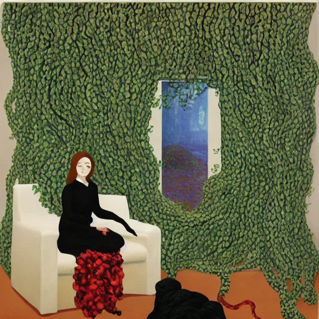 Image similar to a pathology student in her apartment, wrapped in vines, large stones, octopus, black walls, ikebana, black armchair, puddles, moss, acrylic on canvas, surrealist, by magritte and monet