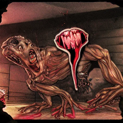 Prompt: licker, resident evil, 1 9 9 3, disposable camera, flash, abandoned house, humanoid creature, crawling, : muscle, long tongue, teeth, claw, brain, fried chicken, noodle, cheese, veins, wet