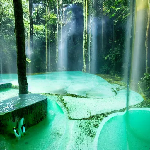 Prompt: pristine bath filled with bubbles in a clearfelled rainforest, deforestation, slash and burn