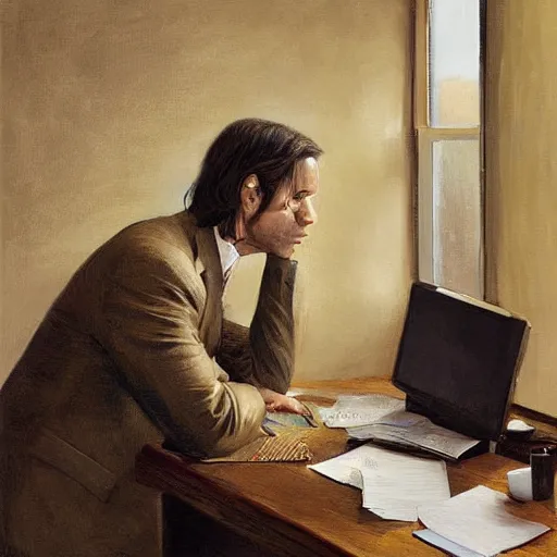 Image similar to scene at office with an handsome man of 3 9 years old, green eyes, light brown, good looking, wide round nose, mid long hair, in an office by david rutkowski, by artgem