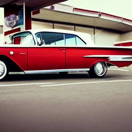 Image similar to 3 5 mm film photo of a white 1 9 6 0 s chevy impala with a red interior outside an old gas station