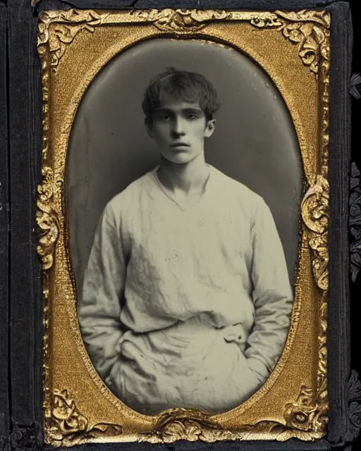 Prompt: tintype photo of alyosha karamazov, innocent young russian man, by julia margaret cameron 1 8 8 0 s, realistic, body shot, sharp focus, 8 k high definition, insanely detailed, intricate, elegant