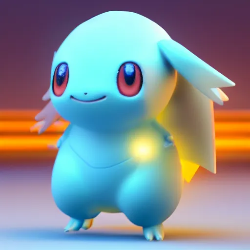 Image similar to nymph render of a very cute 3d togepi pokemon, adorable eyes, cute smile, full round face, neon lights in background, serene bedroom setting, medium shot, mid-shot, highly detailed, trending on Artstation, Unreal Engine 4k