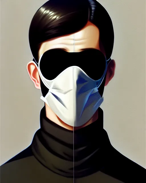 Image similar to a ultradetailed beautiful panting of a european young man wearing black medical mask and black long coat, by ilya kuvshinov, greg rutkowski and makoto shinkai, trending on artstation