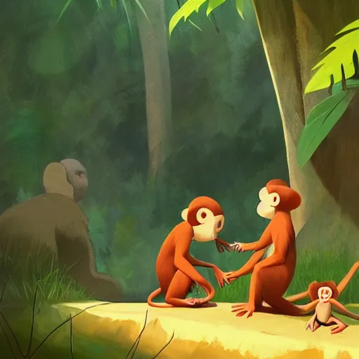 Prompt: goro fujita ilustration jungle monkeys trying to take food from a family of campers, painting by goro fujita, sharp focus, highly detailed, artstation