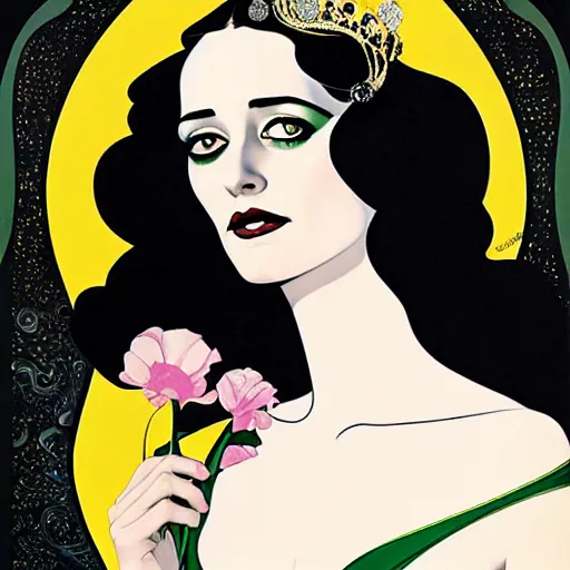 Image similar to black and white portrait of the young actress, eva green as queen of the emerald dead, comic art by joshua middleton, art by coles phillips, vamp, elegant, decadent, stylised comic art, klimt, mucha, 1 9 7 0 s poster,