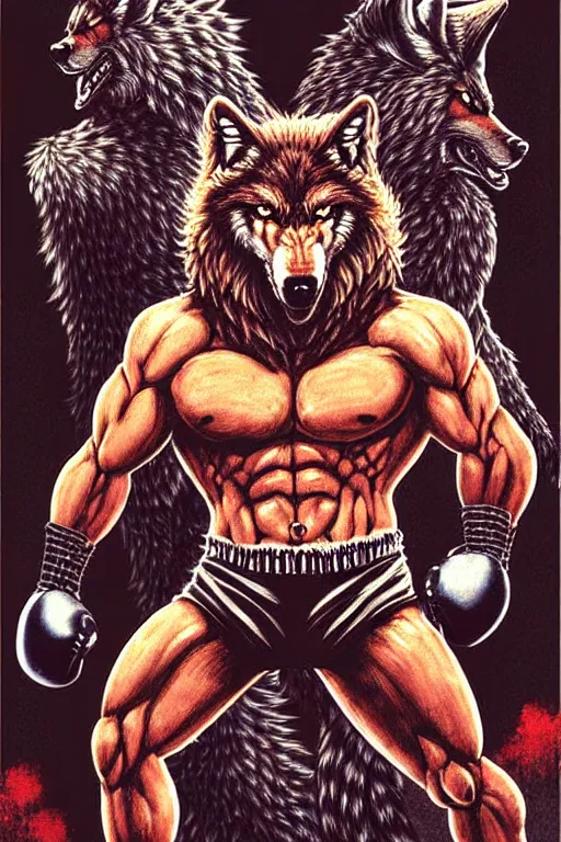 Image similar to extreme long shot. 8 bit nes graphics. antropomorphic muscular masculine wolf. kickboxer fighter, in shorts. wolf head. angry. fine details, very sharp, art from nes game cartridge, 8 0's, vhs artefacts, vaporwave style, marc simonetti and hermann nitsch and anish kapoor.