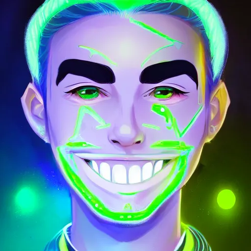 Image similar to a digital matte intricate smiling face illustration concept art, young danny phantom with glowing green eyes cute alt art fashion inspired by charlie bowater and wlop and mark arian and ross tran + neon colors, symmetry, intricate complexity, epic composition, magical atmosphere, highly detailed, cinematic lighting + masterpiece, trending on artstation + 8 k