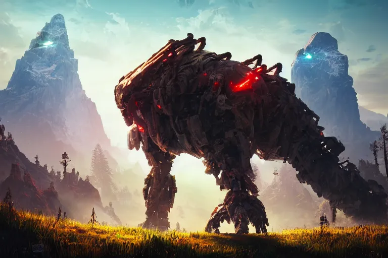 Image similar to tremortusk machine creature robot of horizon forbidden west horizon zero dawn radiating a glowing aura global illumination ray tracing hdr fanart arstation by ian pesty and alena aenami artworks in 4 k