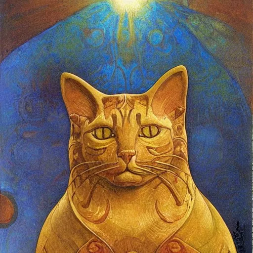 Image similar to cloisonne cat head sculpture, by annie swynnerton and diego rivera and nicholas roerich and jean delville and janet fish, symbolist, dramatic lighting, god rays, art brut, rich colors, smooth, sharp focus, extremely detailed, adolf wolfli and ( donato giancola and bilibin )