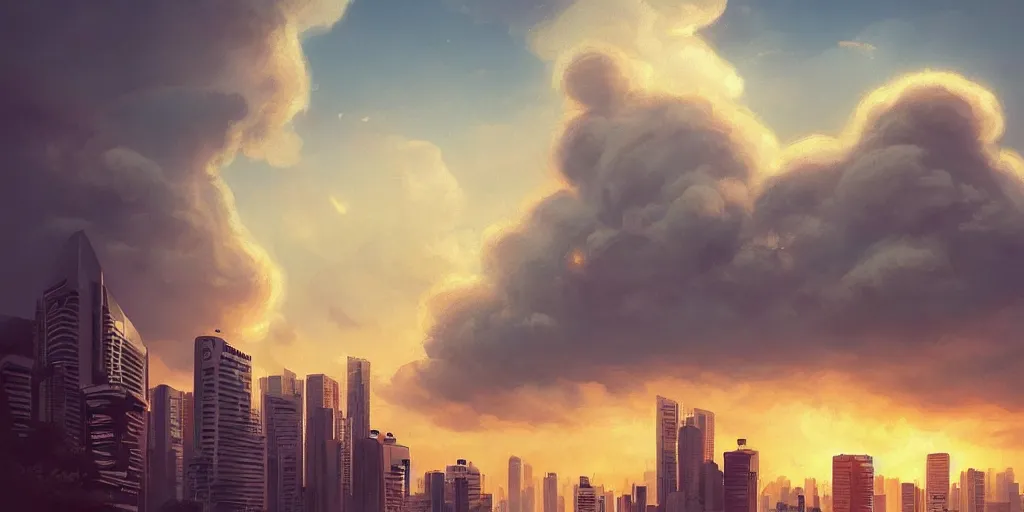 Image similar to Singapore city with a (lion-shaped cloud) in the sky, by greg rutkowski, red and white lighting, digital art, ultra realistic, ultra detailed, photorealistic, 4k, character concept