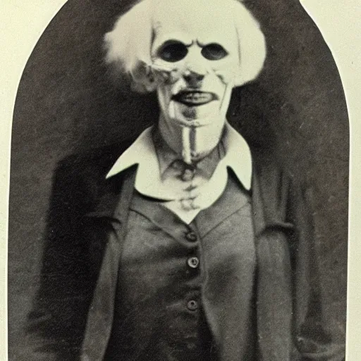 Prompt: old photo photo of an old scary woman in black suit, horror, high detail