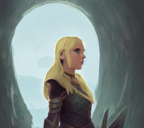 Image similar to the elder scrolls vi a portrait of a blond elven princess warrior portrait near the epic entrance to a city. illustration by atey ghailan