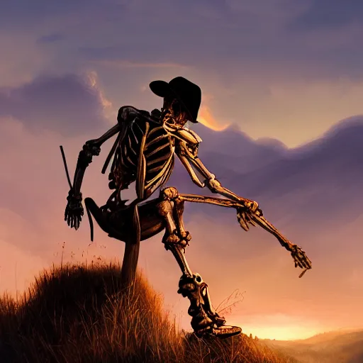 Image similar to a wounded skeleton cowboy watching a sunset, concept art, DeviantArt, art station, illustration, highly detailed, artwork, cinematic, hyper realistic