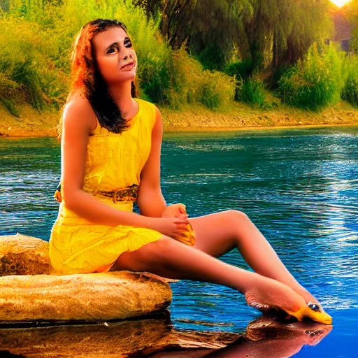 Prompt: beautiful egypt beautiful woman relaxing on sunset river with yellow coloured fish, coloured high detailed photo, sunset