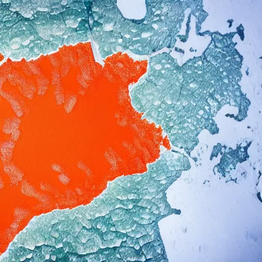 Image similar to top down view of map of country iceland made out of ice, accurate map, surrounded by ocean made out of hot orange lava, realistic