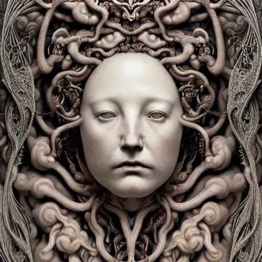 Prompt: detailed realistic beautiful porcelain calaveras face goddess portrait by jean delville, gustave dore, iris van herpen and marco mazzoni, art forms of nature by ernst haeckel, art nouveau, symbolist, visionary, gothic, neo - gothic, pre - raphaelite, fractal lace, intricate alien botanical biodiversity, surreality, hyperdetailed ultrasharp octane render