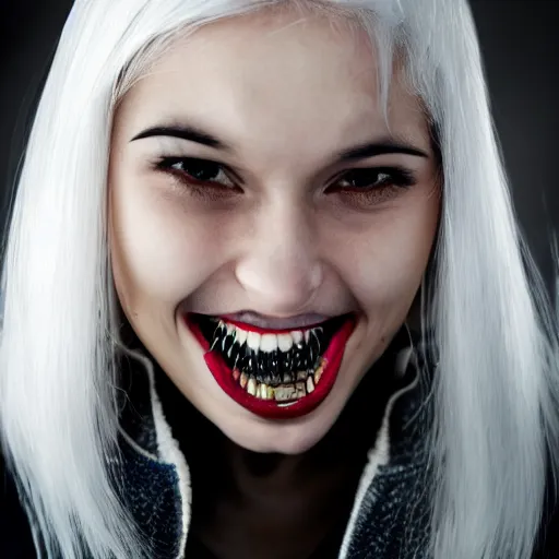 Prompt: Young woman, white hair, black eyes, sharp teeth, pointy ears, pale skin