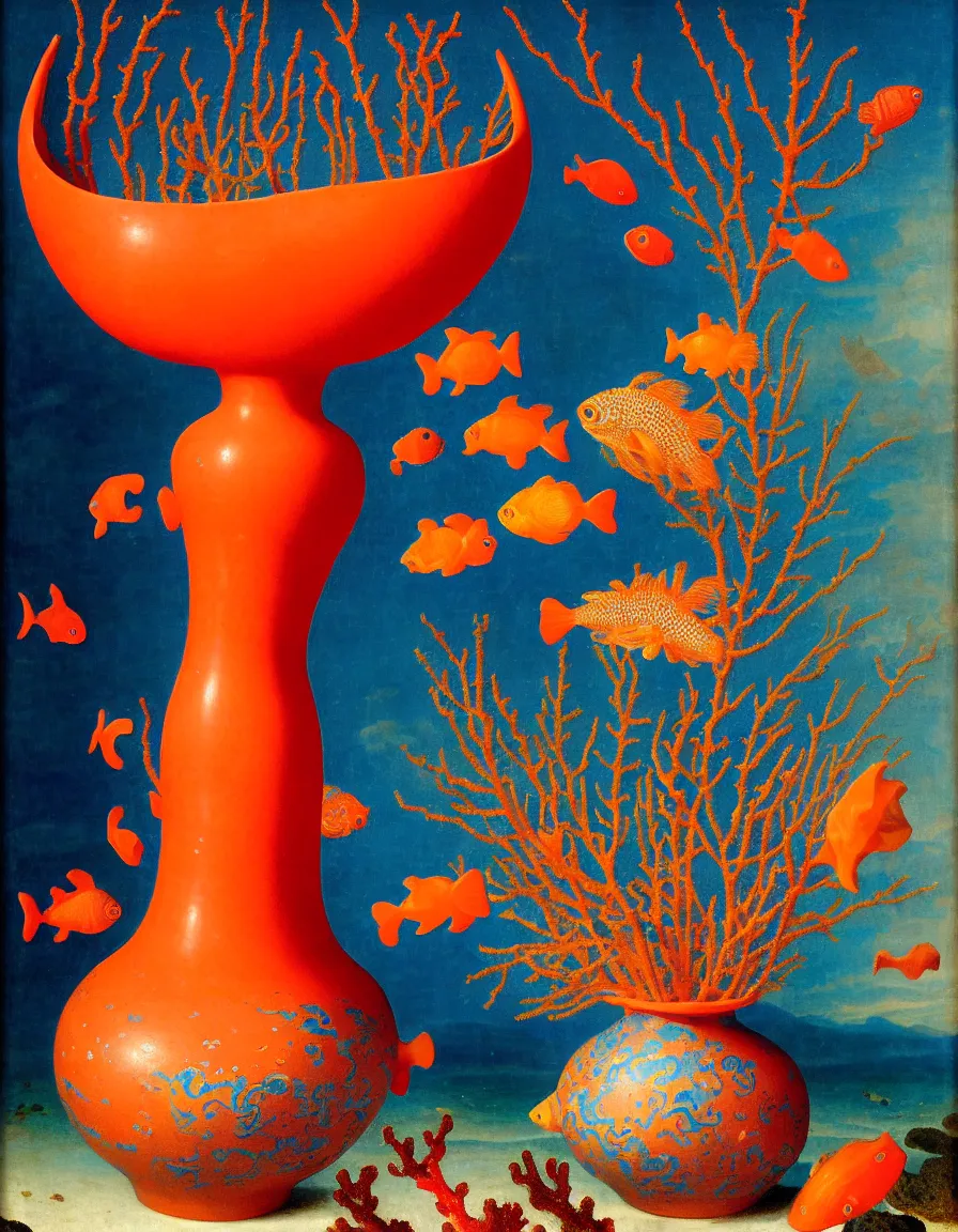 Image similar to bottle vase of coral under the sea and in the sky decorated with a dense field of stylized scrolls that have opaque outlines enclosing mottled blue washes, with orange shells and purple fishes, ambrosius benson, oil on canvas, hyperrealism, around the edges there are no objects