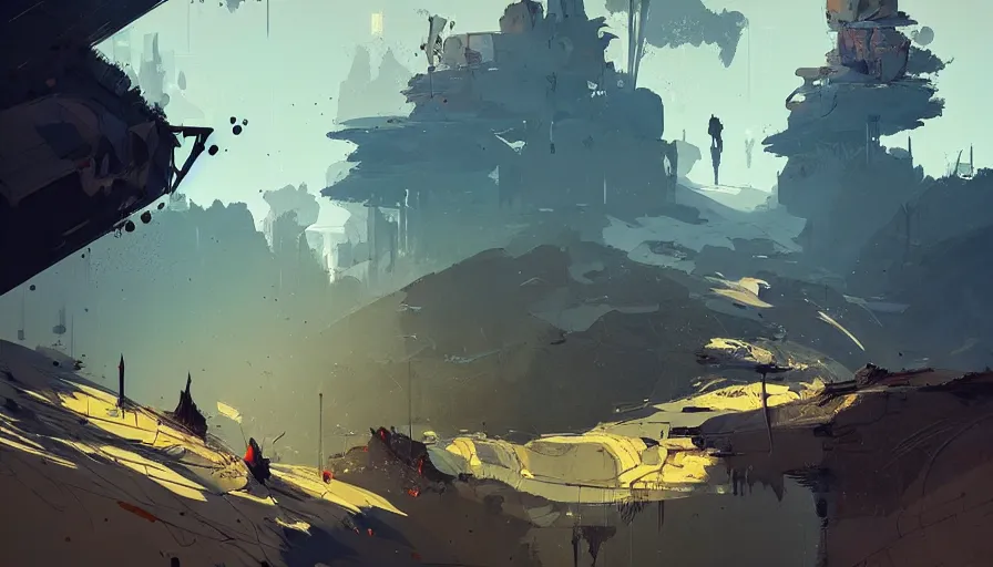 Prompt: concept art by jama jurabaev and ismail inceoglu and sparth, creative enviroment with creative shapes in the terrain, cel shaded, cinematic shot, trending on artstation, high quality, brush stroke