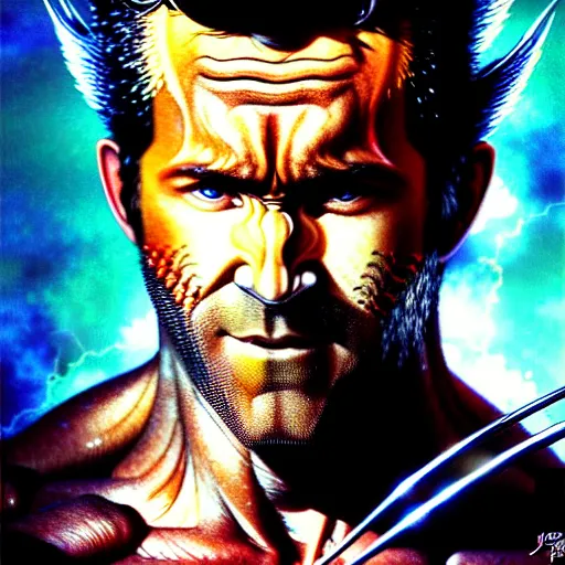 Image similar to uhd photorealistic portrait of ryan reynolds as wolverine, by amano, ayami kojima, greg rutkowski, lisa frank, mark brooks, and karol bak, masterpiece, cinematic composition, dramatic pose, studio lighting, hyperdetailed, intricate details