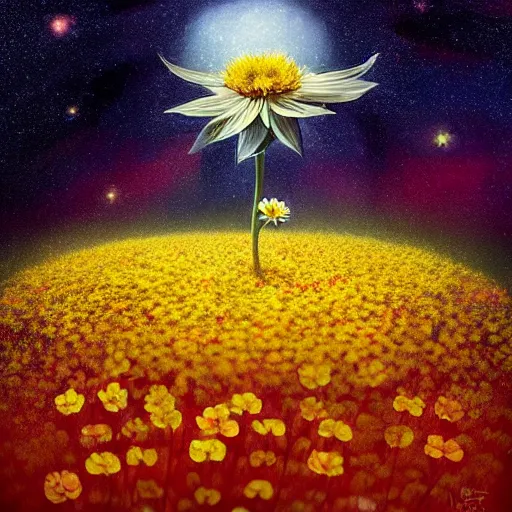 Image similar to Not often, but occasionally. A star is born in a flower. Nestled in a soft bed of pollen and petals it can grow in the most unlikely of places. Just waiting for a lucky creature to find it,night star sky background Galaxys, red and yellow flower by Gediminas Pranckevicius