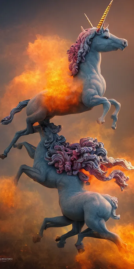 Image similar to a statue of a ramping unicorn sourrounding by a colorful smoke, victorian baroque, hyperrealistic, detailed, depth of field, High definition, 8k, depth of field, octane render, artstation