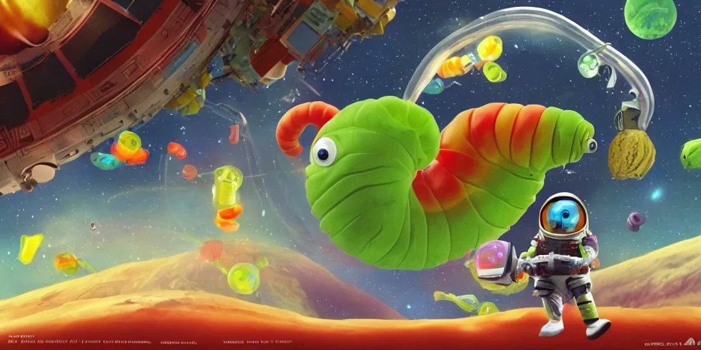 Image similar to a 3 d rendered movie still a gummi worm descendant 1 million years from now. gummi worm wears a spacesuit, and explores cosmos in a super awesome space ship. science fiction blockbuster movie gummi worms rule the world or my stepmom is a gummie worm from space, imax 7 0 mm. silent running