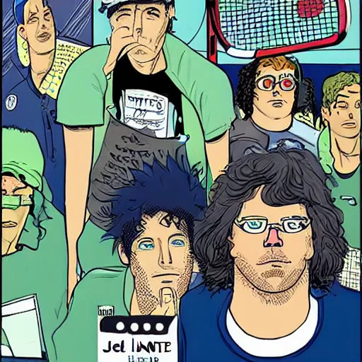Image similar to the cover of the graphic novel version of david foster wallace's book infinite jest, featuring boys at a tennis academy, a videotape that puts you into a coma, and a recovering alcoholic trying to leave a life of crime, art by seth, chris ware, and charles burns