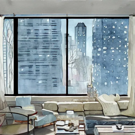 Image similar to modern loft overlooking central park in a blizzard, in watercolor gouache detailed paintings, moebius, blueprint, art nouveau