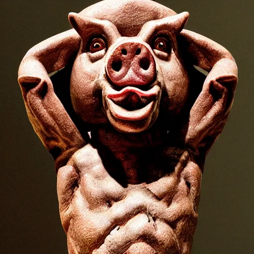 Image similar to a highly detailed realistic photographic render crucified humanoid pig, christ with the head of a pig, dead souls, religious sculpture, creepy, cinematic lighting, cinematic scene, Volumetric lighting, Atmospheric scene, Dark, Horror, Atmospheric lighting, Global illumination, realistic, photo realism, hyper realistic, hyper realism, photo realisitc, cinematic render, film, beautifully lit, ray traced, octane 3D render, octane render, unreal engine