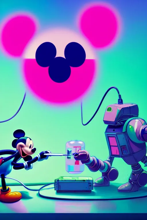 Prompt: a beeple painting of mickey mouse dissecting a giant robot, by beeple in pink, green and blue colours, highly detailed, rendered in octane