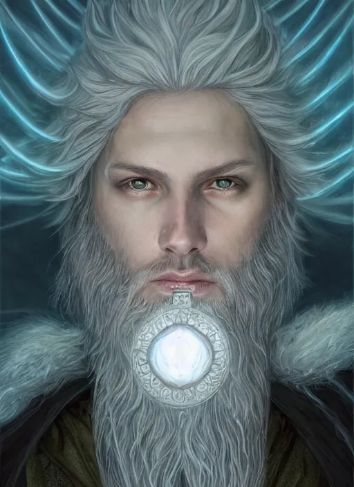 Prompt: Portrait of hexblade warlock aasimar, white glowing eyes, silver shaggy hair, short scruffy beard, cloak, teal ethereal tendril wings, male, fantasy, extremely detailed, digital painting, artstation, concept art, smooth, sharp focus, illustration, stunning lighting, art by artgerm and greg rutkowski and alphonse mucha and simon stalenhag, realistic character concept, high fantasy, light atmosphere, golden ratio, cinematic lighting, hyperdetailed, high resolution, insanely detailed and intricate, artstation, Marc Simonetti, Greg Rutkowski, 8k, 4k