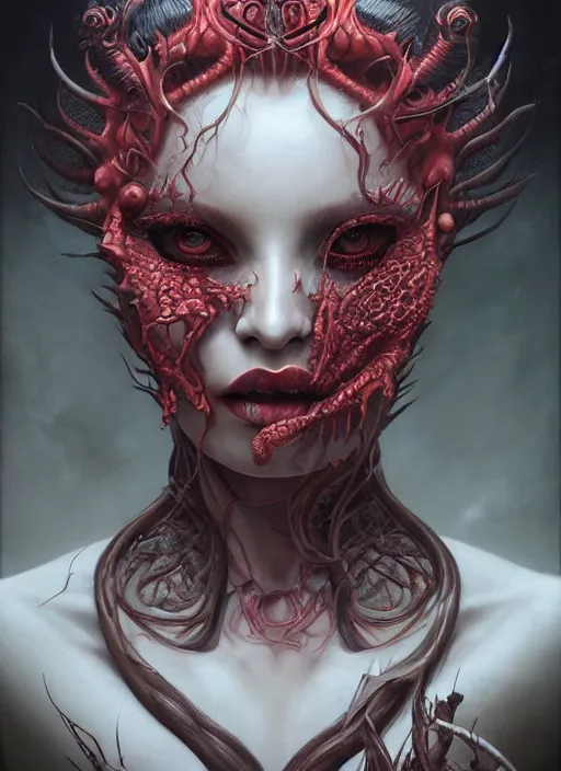 Image similar to a hyper detailed face portrait of the queen of blades, diablo 4 lilith, by tom bagshaw, by zdzisław beksinski, trending on artstation