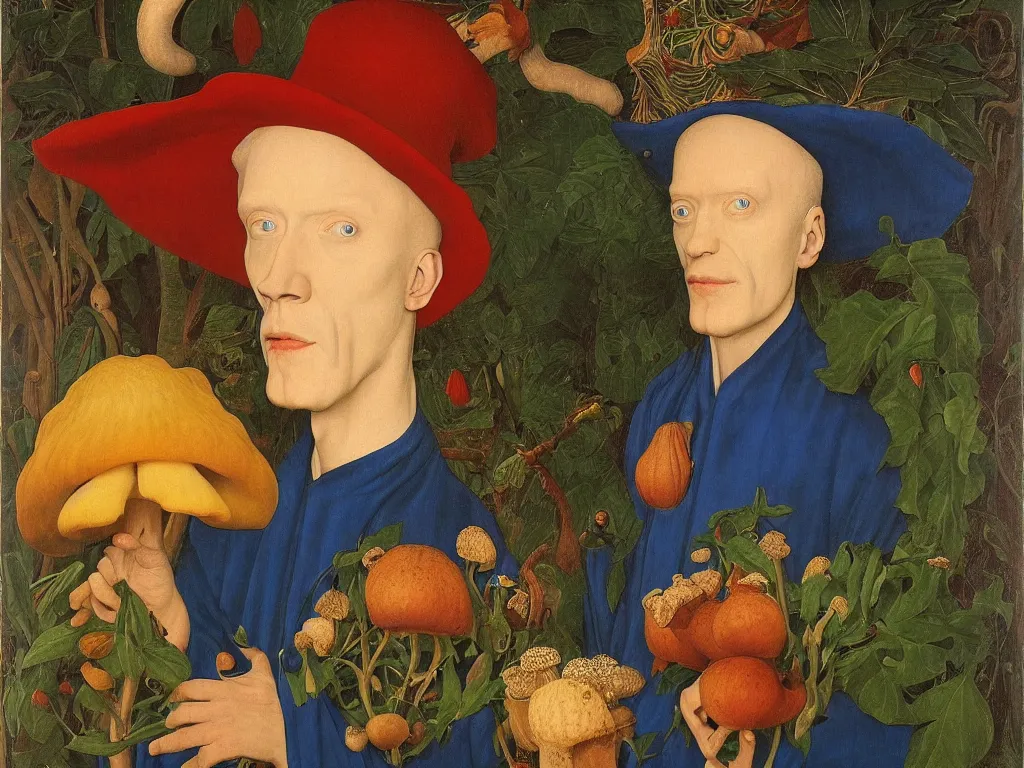 Image similar to Portrait of albino mystic with blue eyes, with beautiful exotic mushroom. Painting by Jan van Eyck, Audubon, Rene Magritte, Agnes Pelton, Max Ernst, Walton Ford